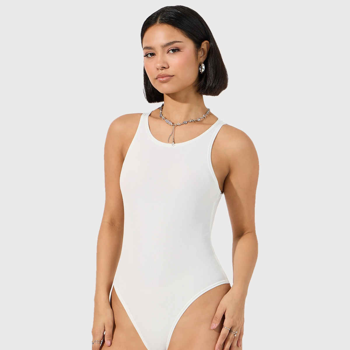 Styli Women's Ribbed Knit Bodysuit with Fitted Round Neck | White - XL