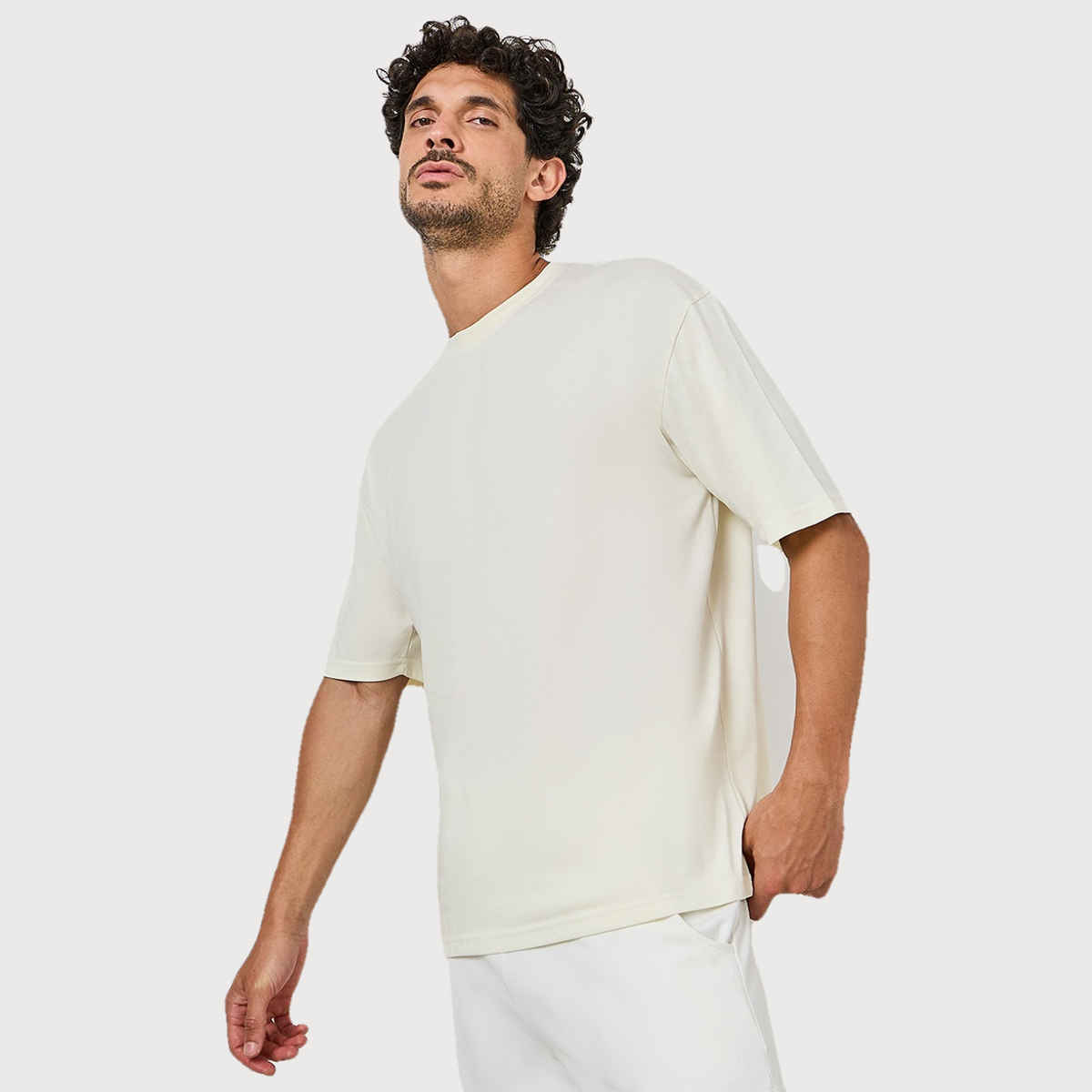 Styli Men's Oversized Tee with Back Print | Cream - L