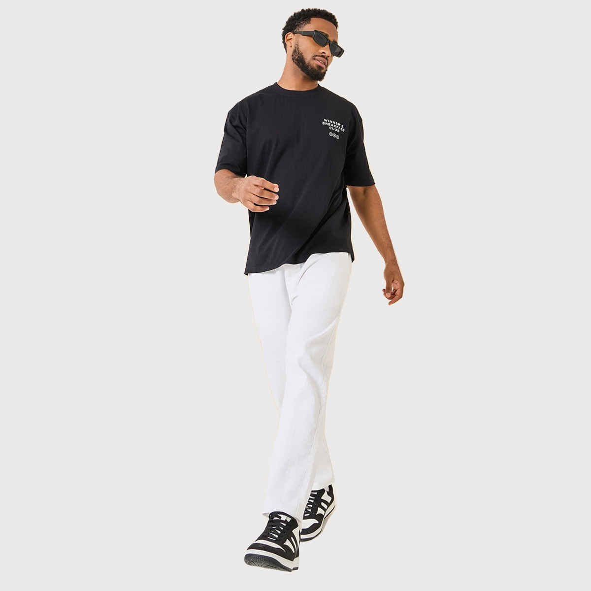 Styli Men's Oversized Fit Tee with Breakfast Graphic in Compact Cotton Jersey | Black - S