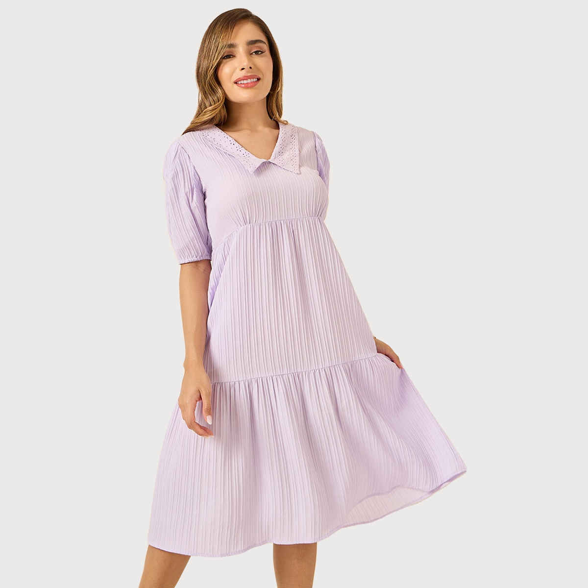 Styli Women's Collared Midi Dress with Puff Sleeves | Lilac - S
