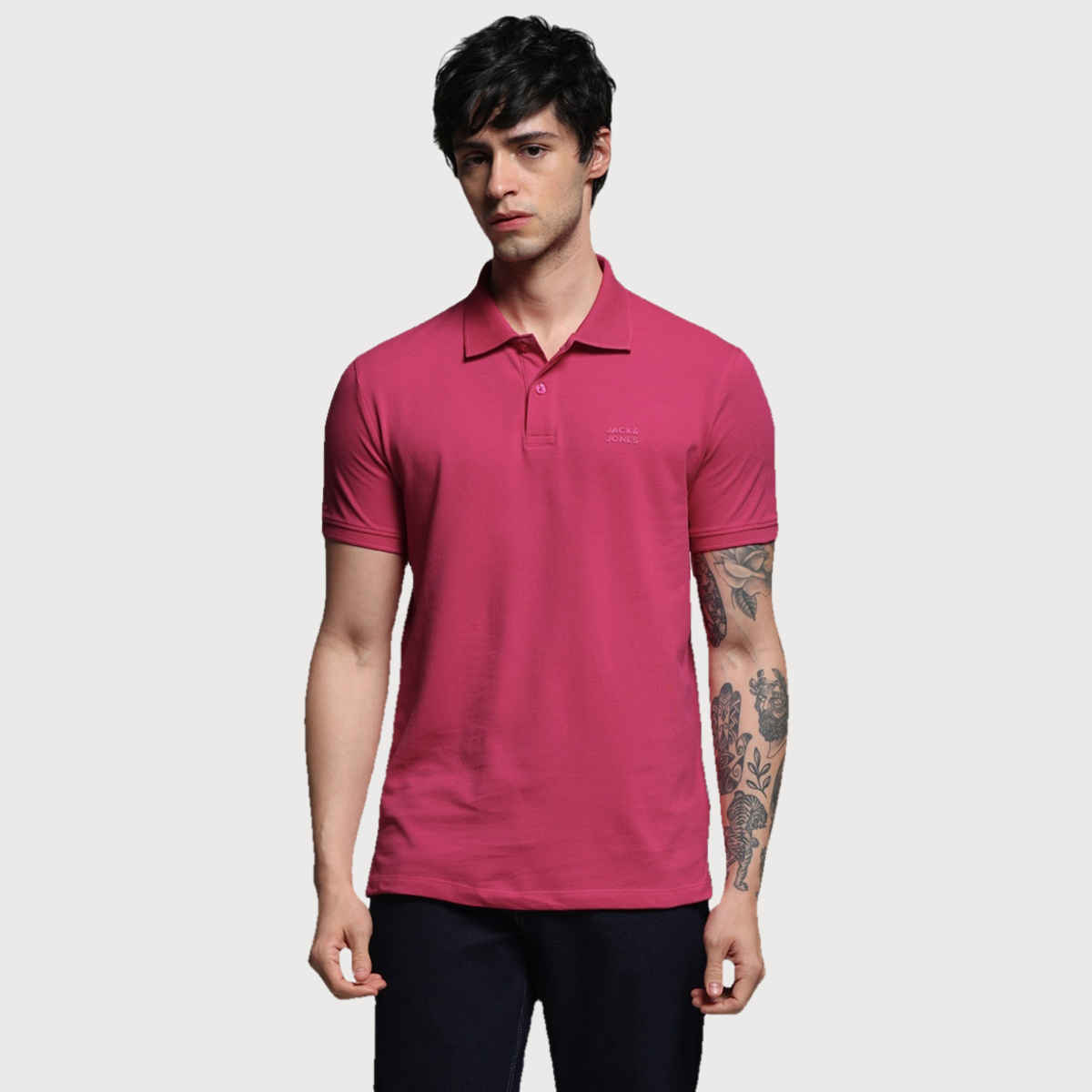 JACK & JONES Men's Ribbed Sleeves Polo T-shirt | Bright Pink - XL