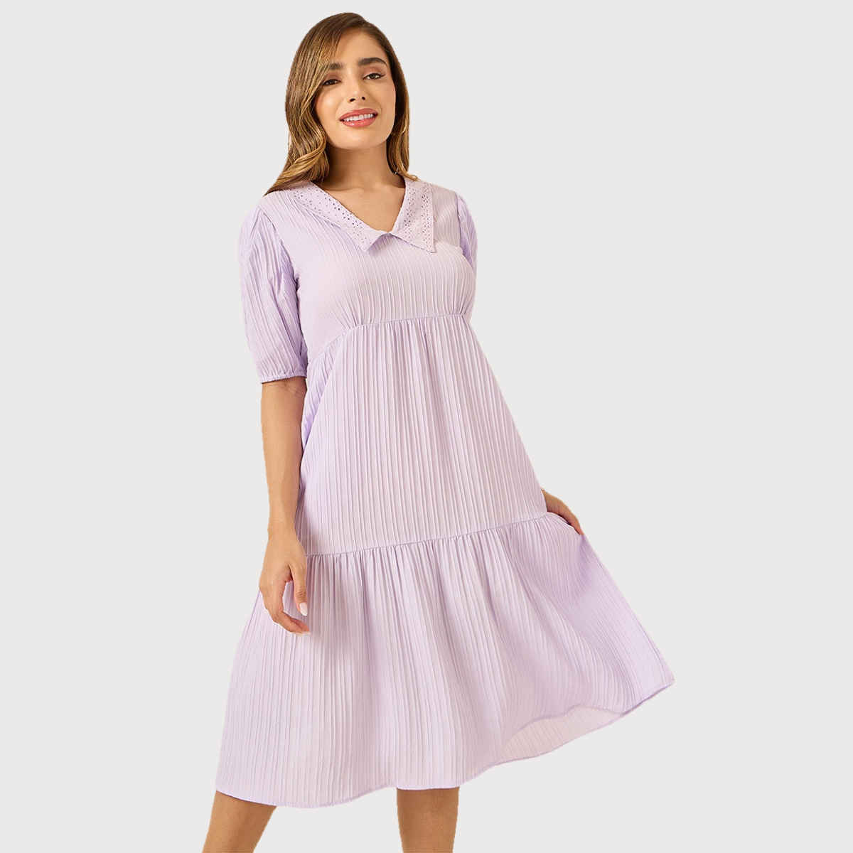 Styli Women's Midi Dress with Collared Neck and Puff Sleeves | Lilac - M