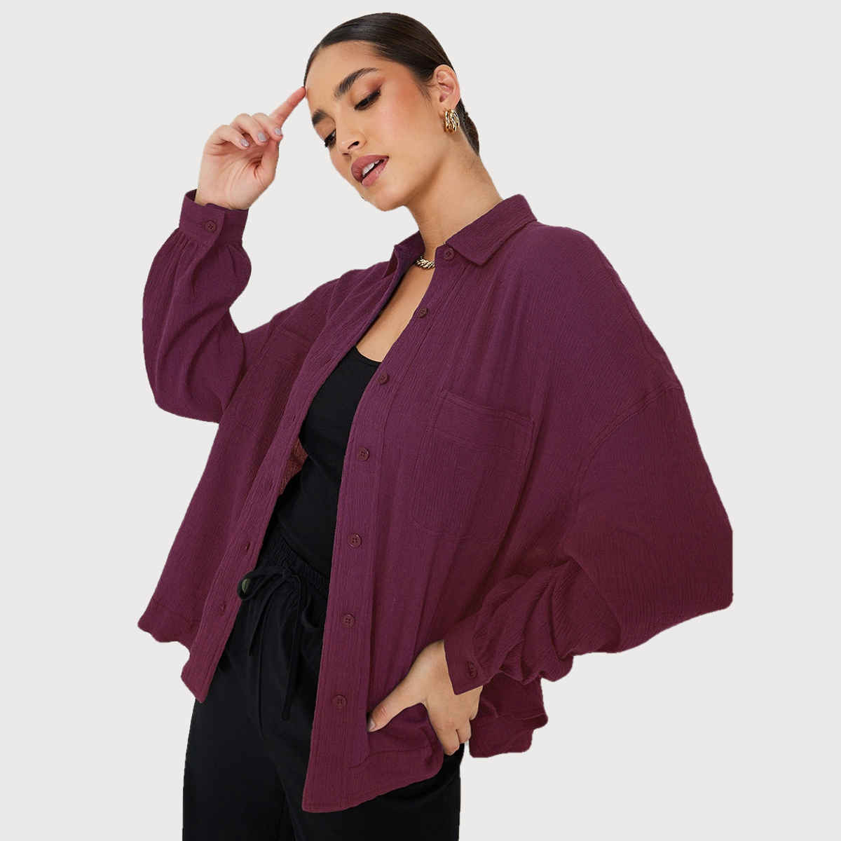 Styli Women's Oversized Shirt with Drop Shoulder, Crepe Fabric and Patch Pocket | Purple - S