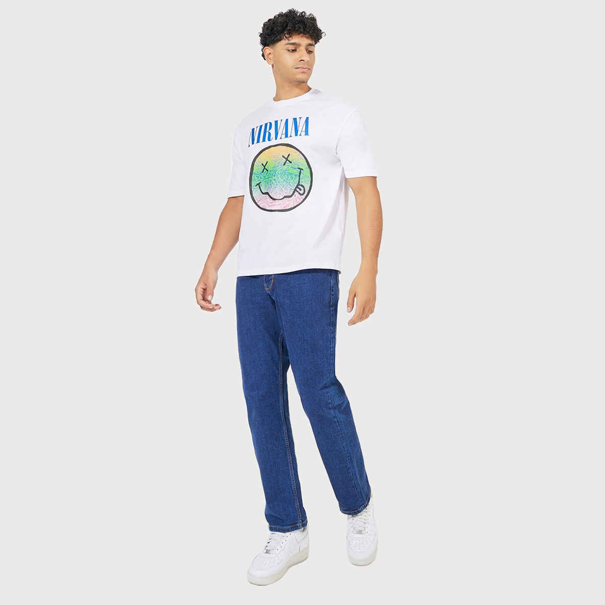 Styli Men's Oversized Tee with Nirvana Graphic Sticker Print in Compact Jersey | White - XL