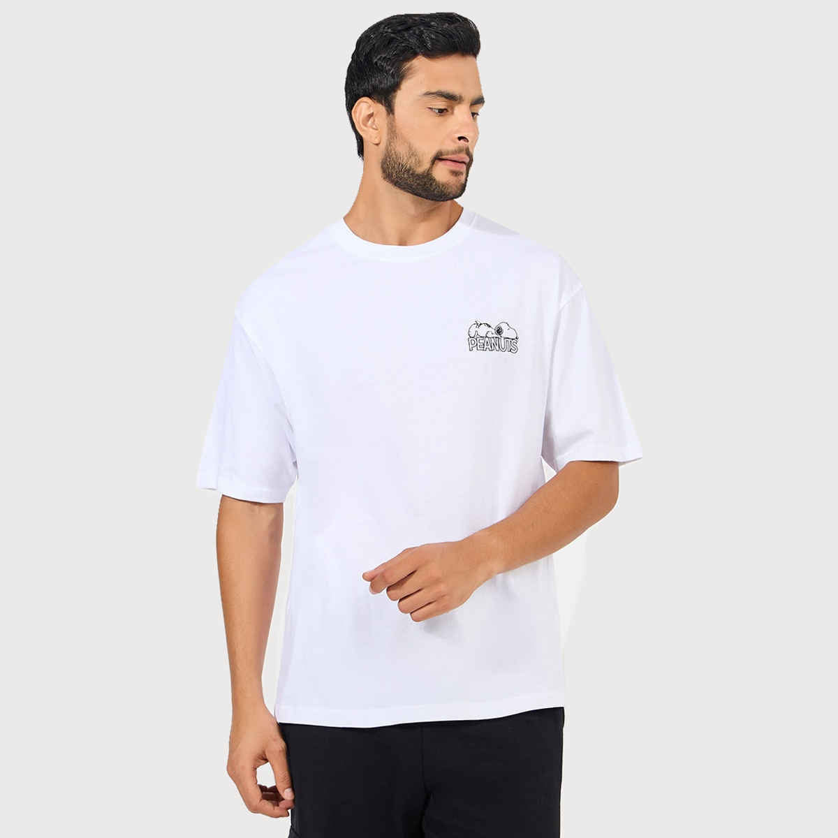 Styli Men's Oversized Tee with Snoopy Chest Graphic Print | White - XL