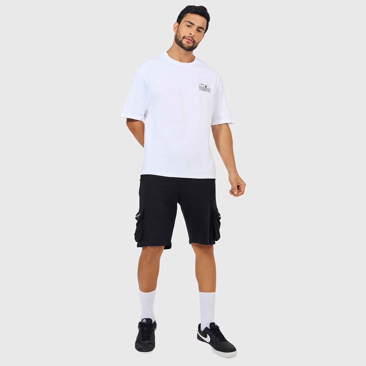 Styli Men's Oversized Tee with Snoopy Chest Graphic Print | White - XL