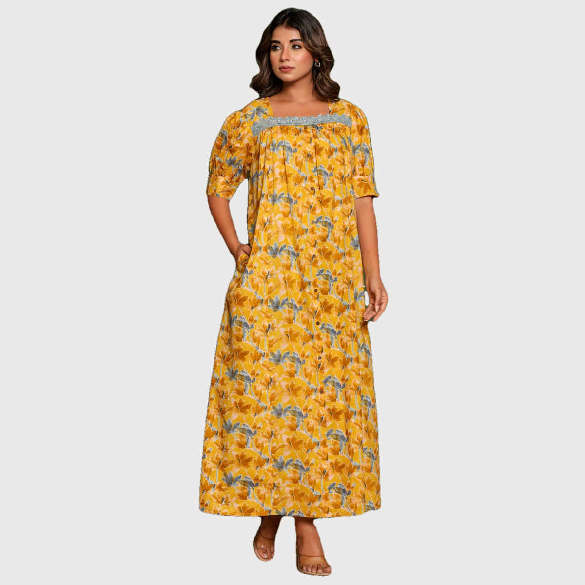 Nihsamah Women's Cotton Lace Nighty | Full Length | Mustard - M