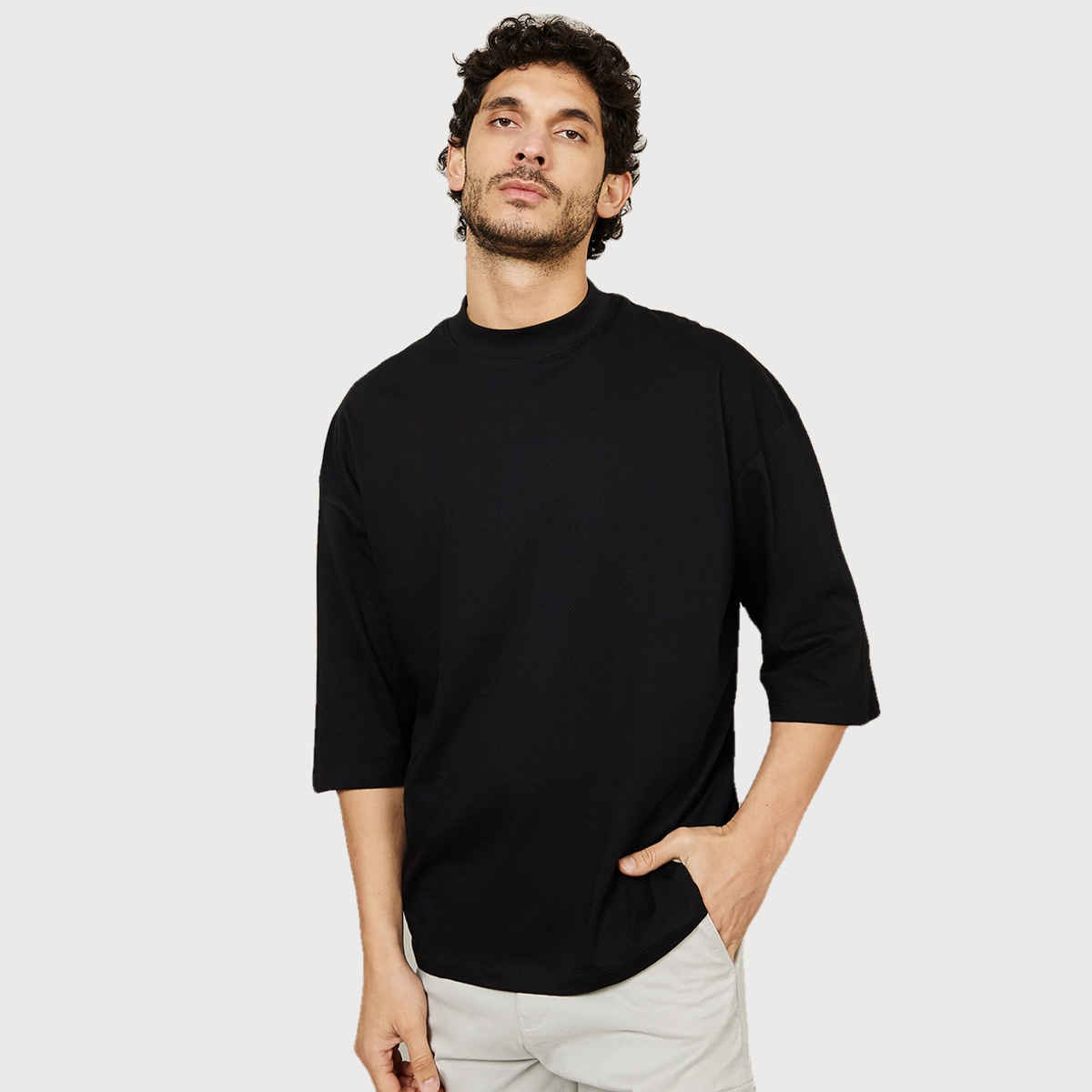 Styli Men's 3/4 Sleeve Drop Shoulder T-shirt with Cartoon Print | Black - M