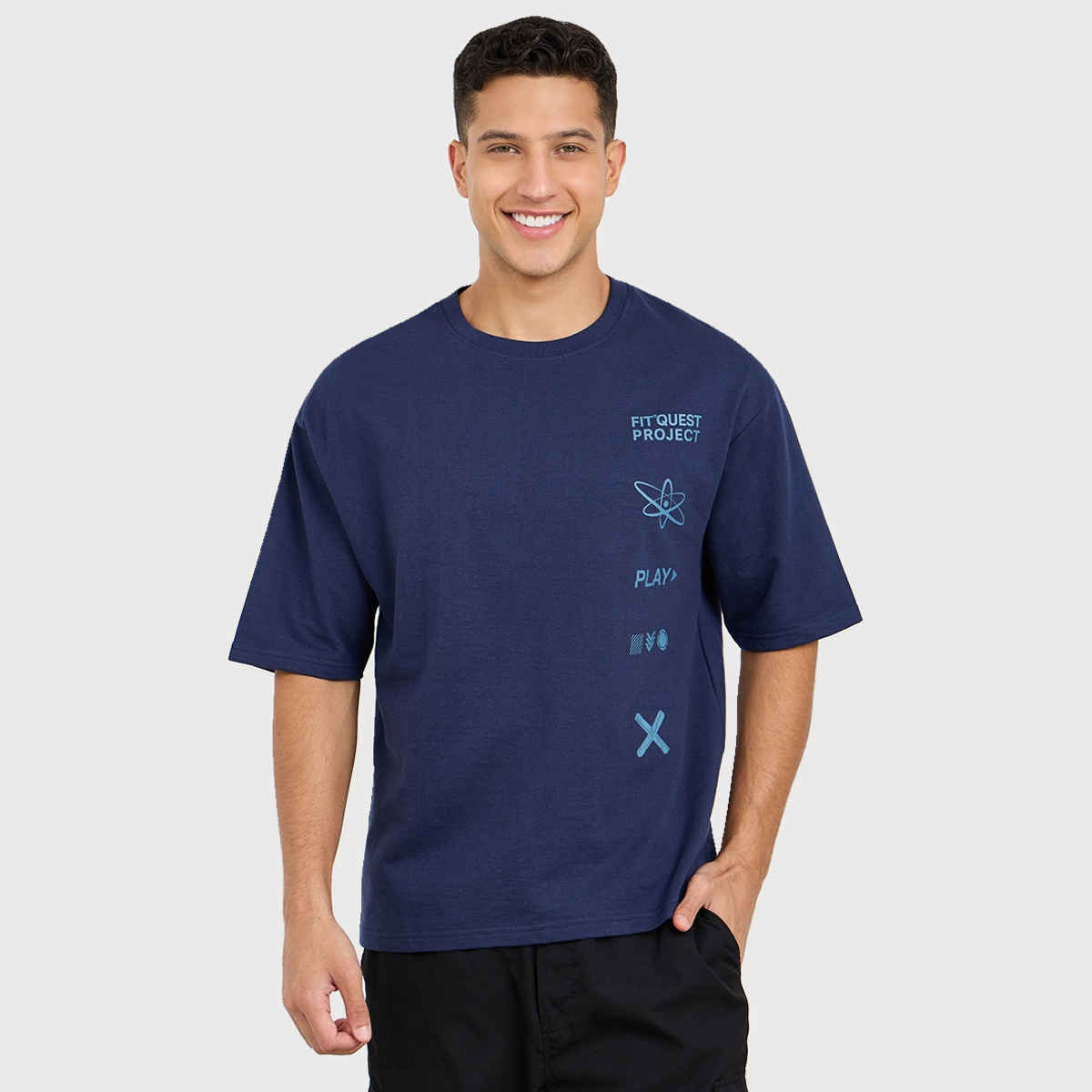Styli Men's Oversized Athleisure Terry T-shirt with Slogan Print | Navy Blue - S