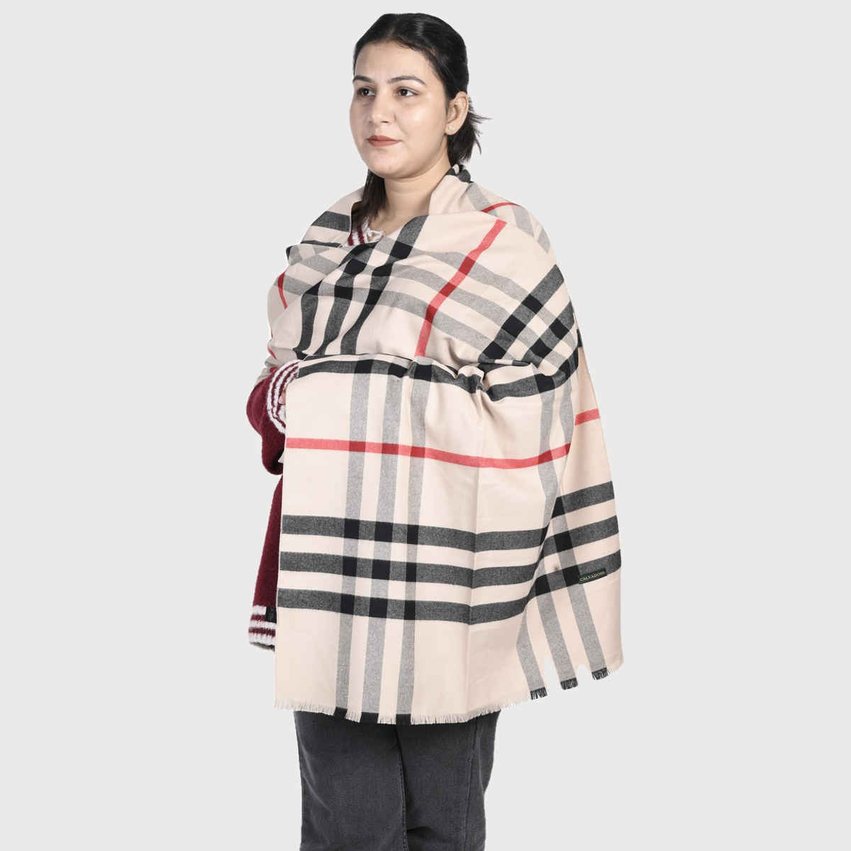 Calvadoss Women's Checked Stole With Fringed Border | Stl1542 | Multicolour