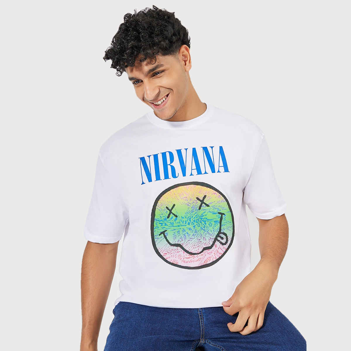 Styli Men's Oversized Tee with Nirvana Graphic Sticker Print in Compact Jersey | White - XL