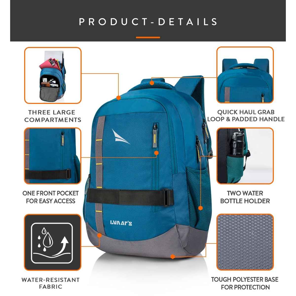 Lunar's Unisex Modern Polyester 48L Padded Shoulder Strap Laptop Backpack | Aqua Blue - 15.6 Inches