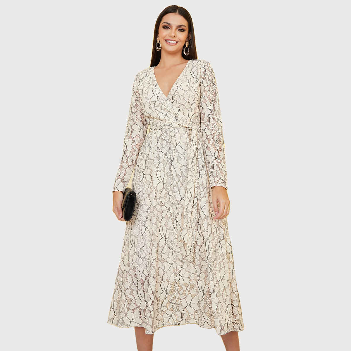 Styli Women's A-Line Midi Dress with Lace Insert and Self Tie Belt | Beige - S