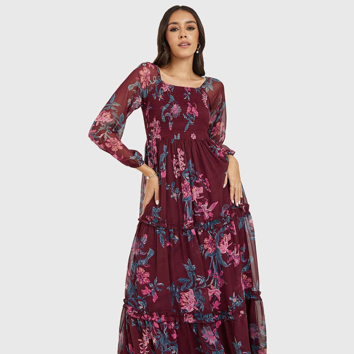 Styli Women's A-Line Maxi Dress with Floral Print and Ruffle Detail | Burgundy - XXL