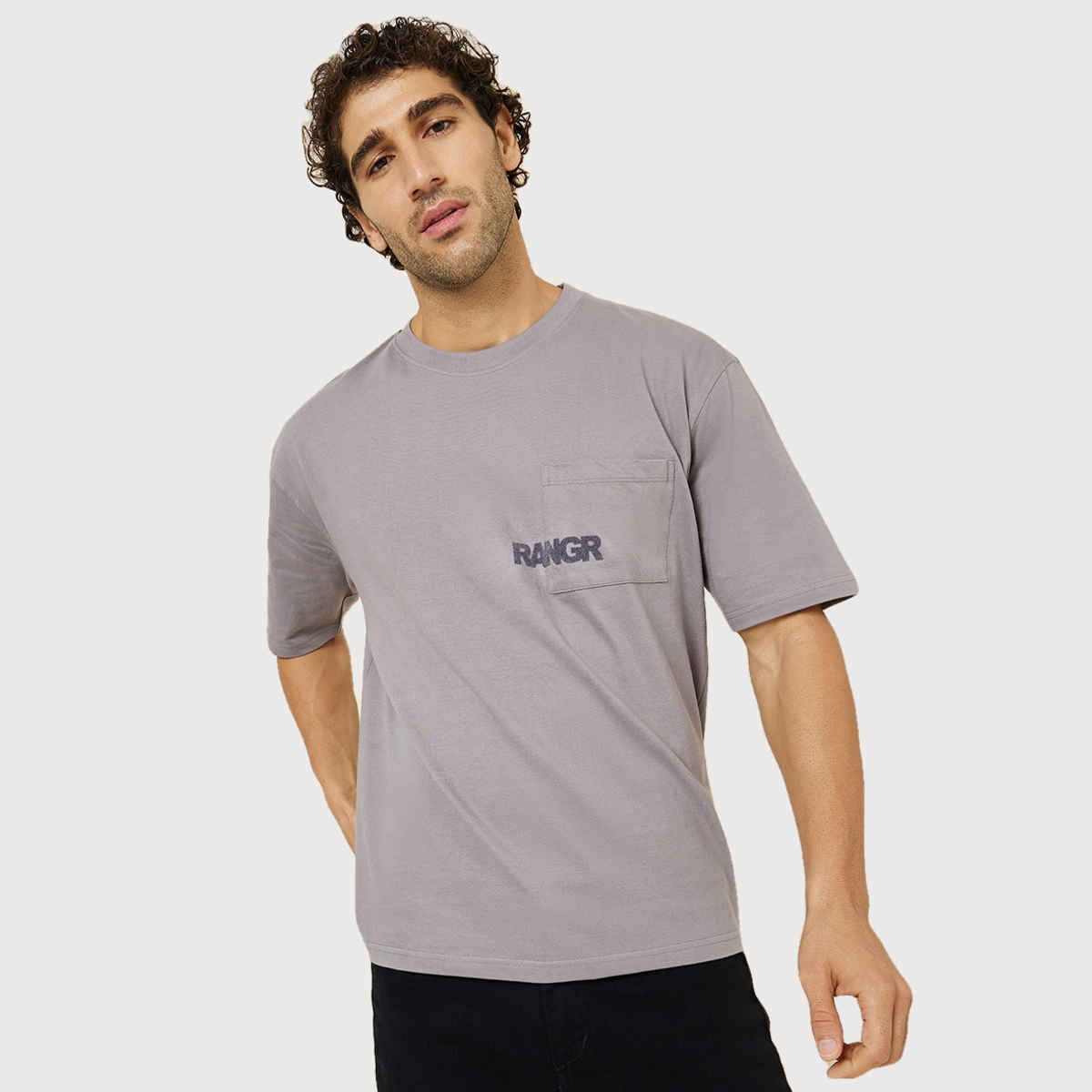 Styli Men's Oversized Fit Tee with Pocket Flock Print | Grey - M