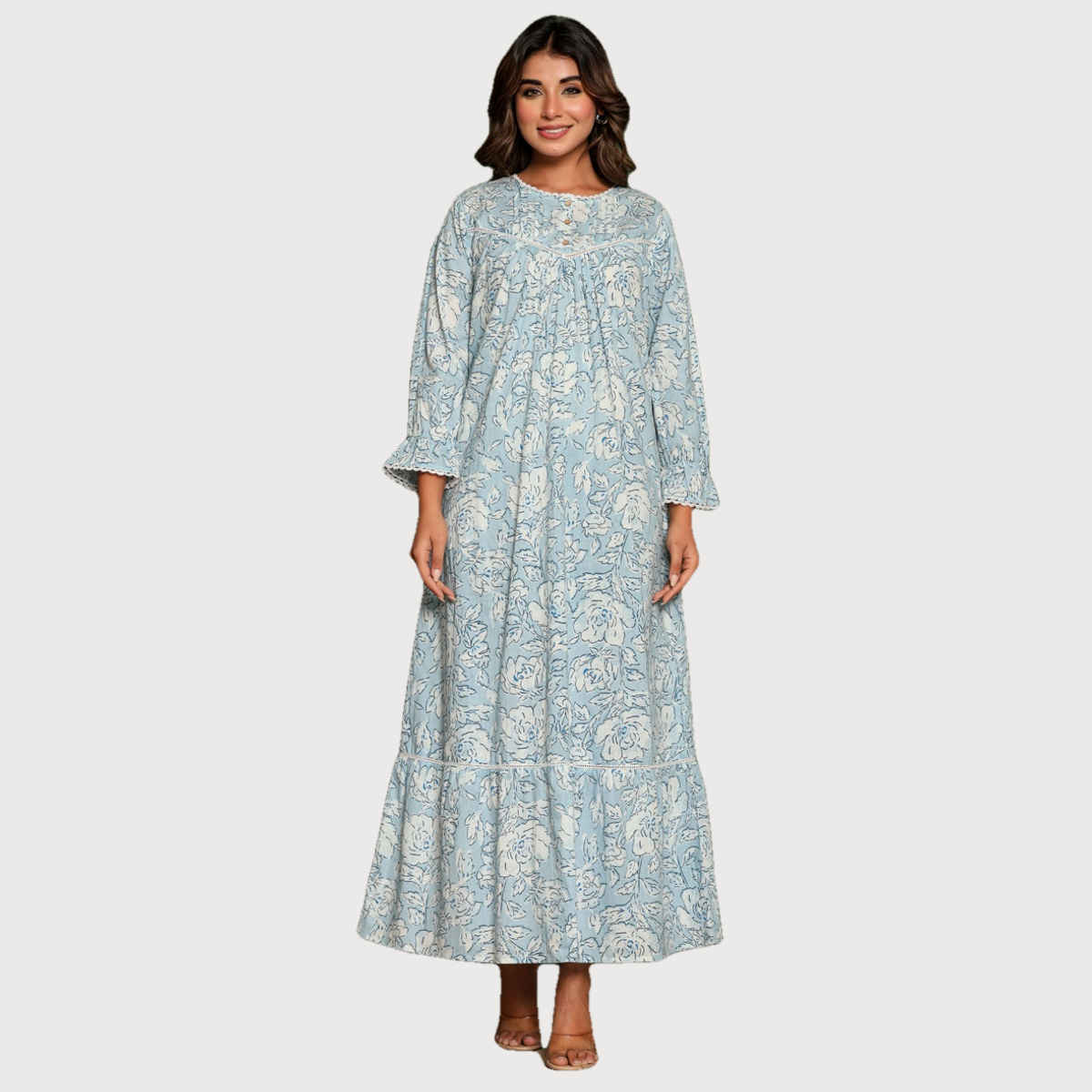 Nihsamah Women's Cotton Premium Printed Frock Nighty | Full Length | Sky Blue - XL