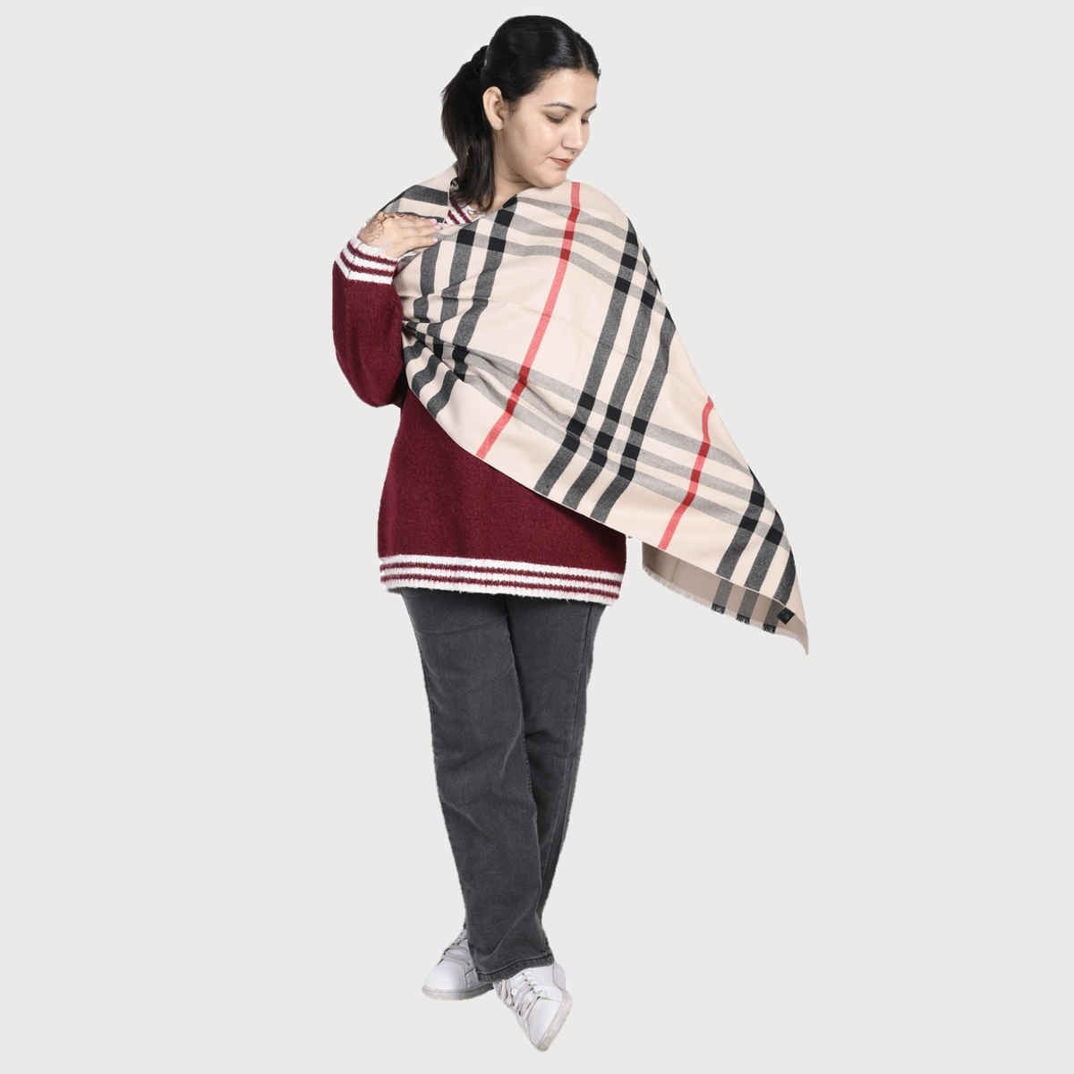 Calvadoss Women's Checked Stole With Fringed Border | Stl1542 | Multicolour