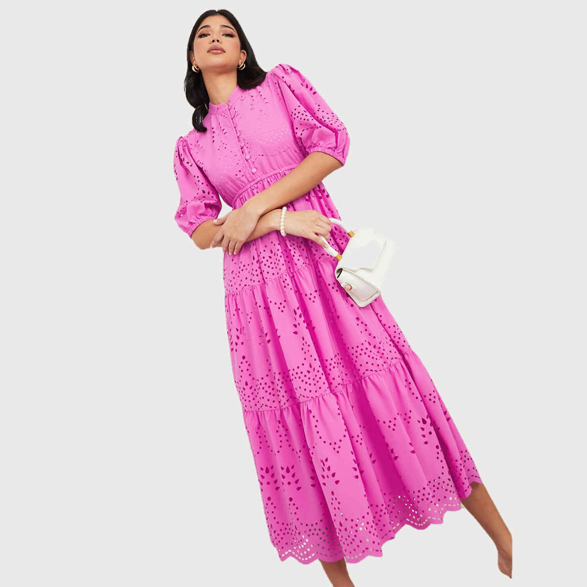Styli Women's A-Line Midi Dress with Puff Sleeves and Self Design | Pink - M