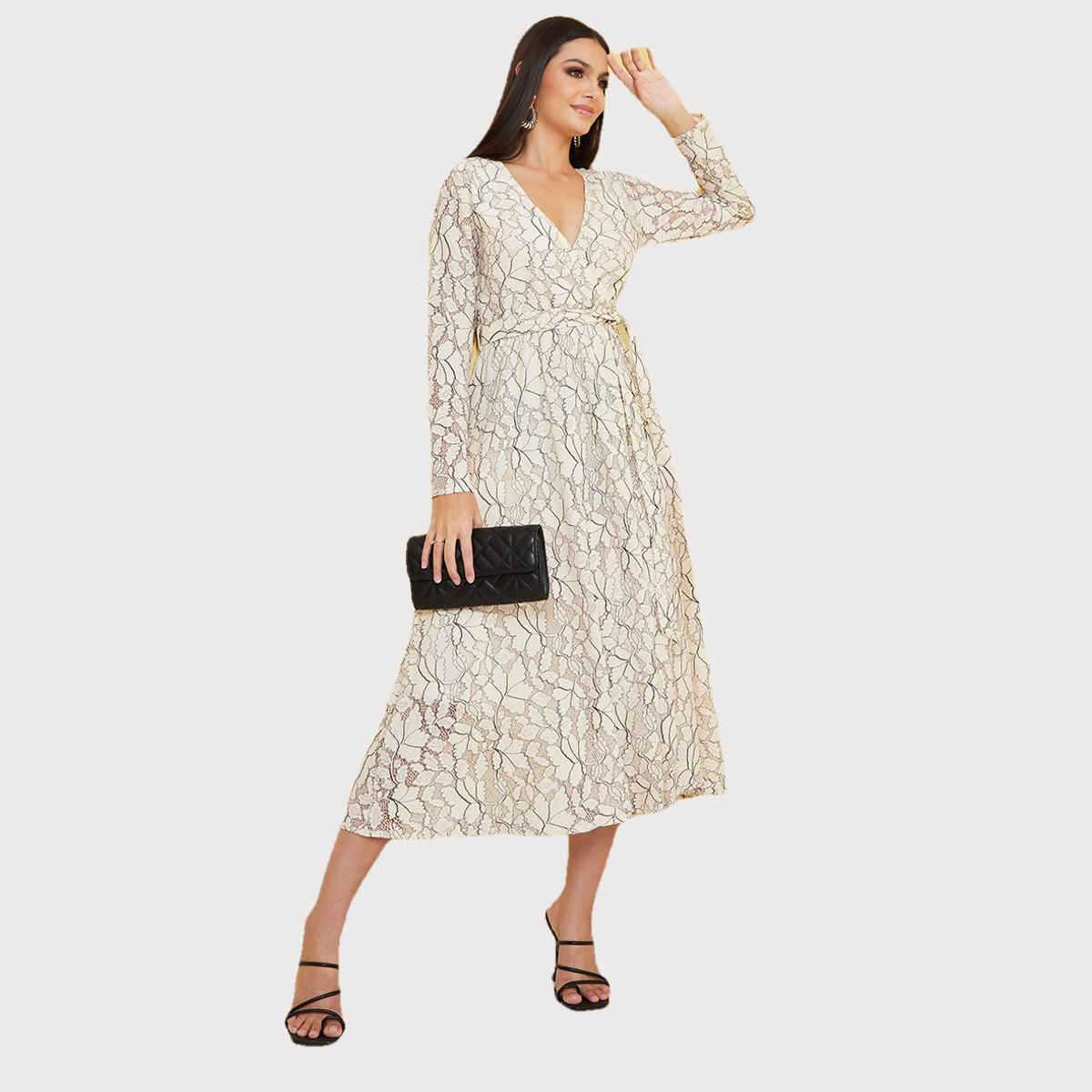 Styli Women's A-Line Midi Dress with Lace Insert and Self Tie Belt | Beige - S