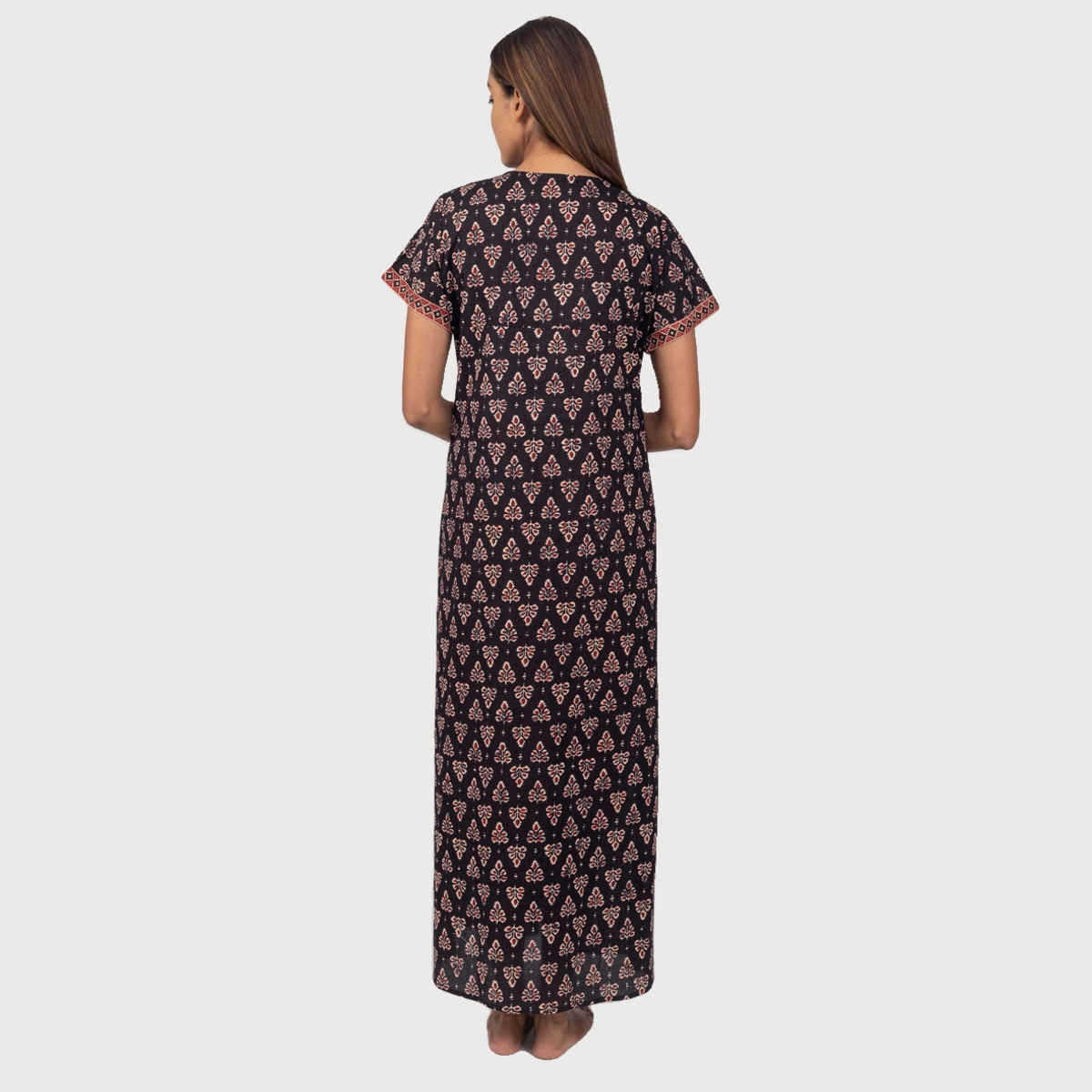 Nihsamah Women's Cotton Night Gown with Pockets | Full Length | Black - L