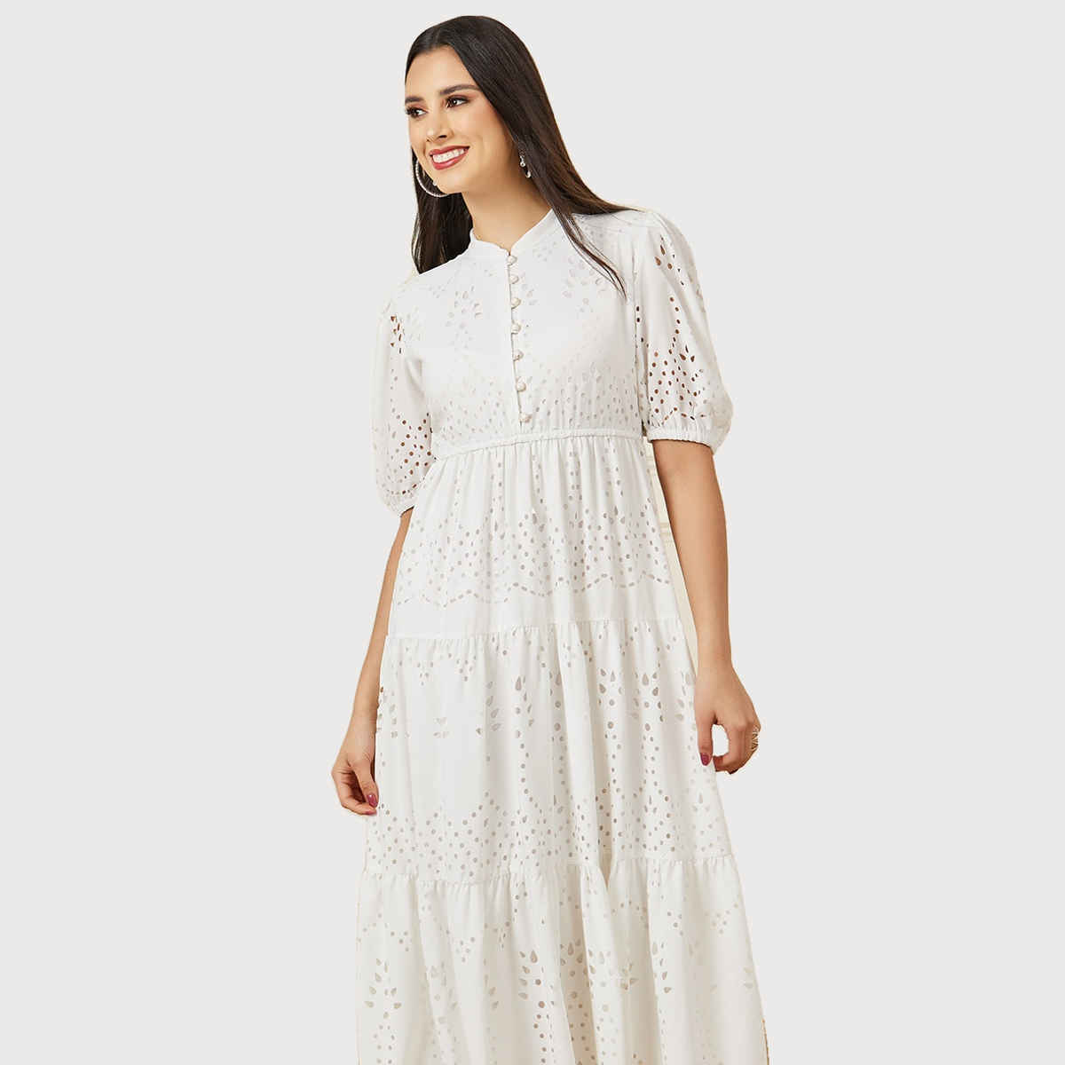 Styli Women's Tiered Midi Dress with Collared Neck and Self Design | Off White - S