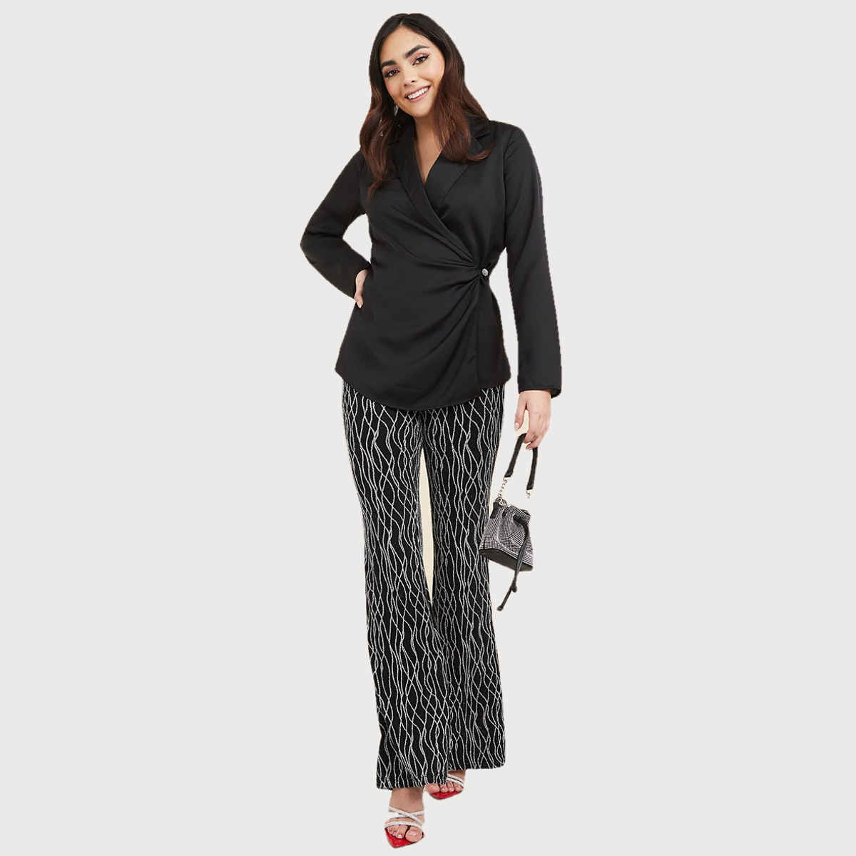 Styli Women's Wrap Top with Long Sleeves, Collared Neckline and Front Button | Black - XXL