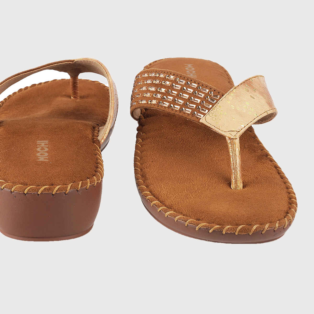 Mochi Women Antique Gold Color Heel Slip On Ethnic | Size UK 6 | 44-1675