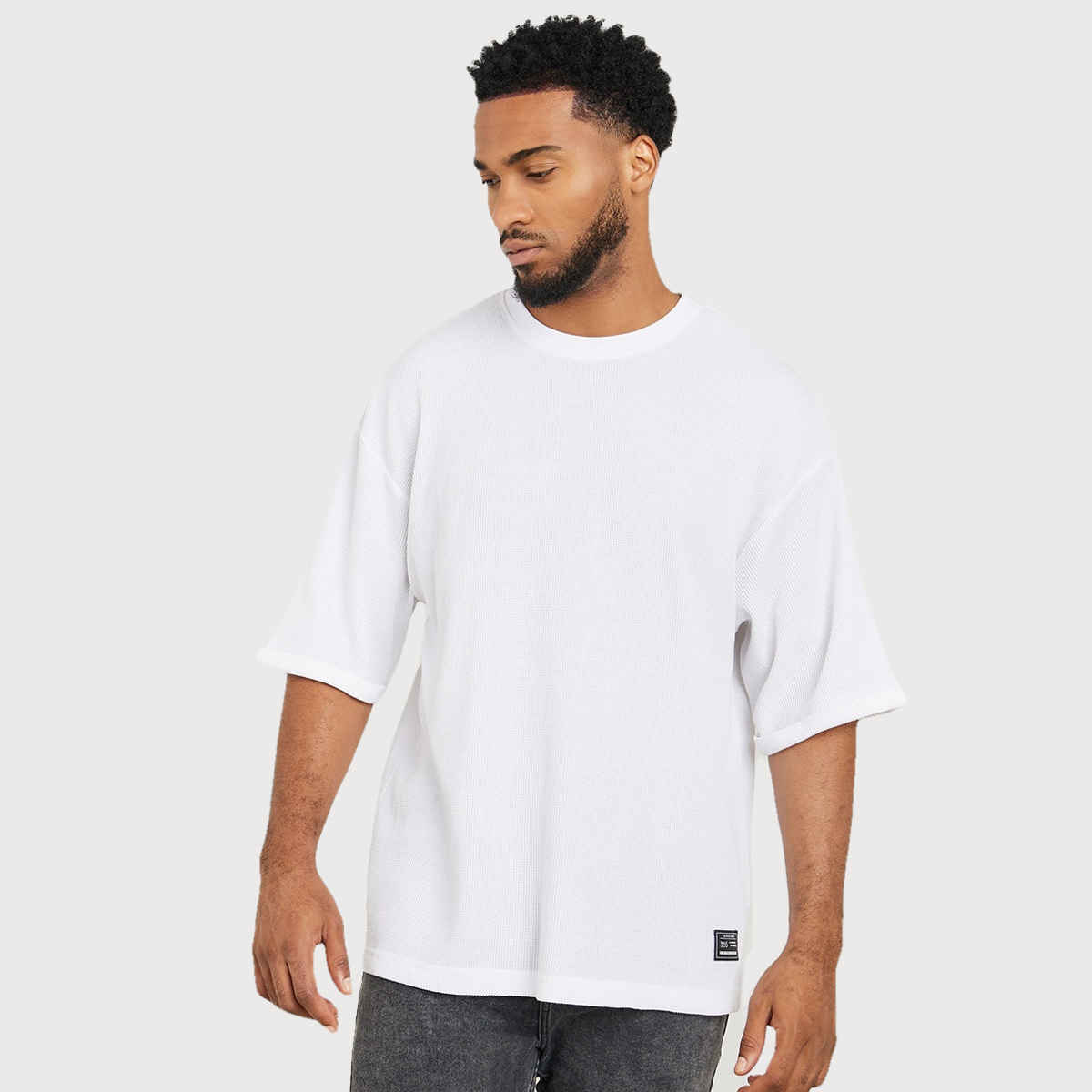 Styli Men's Waffle Knit Oversized T-shirt with Turn Up Sleeve | White - XL