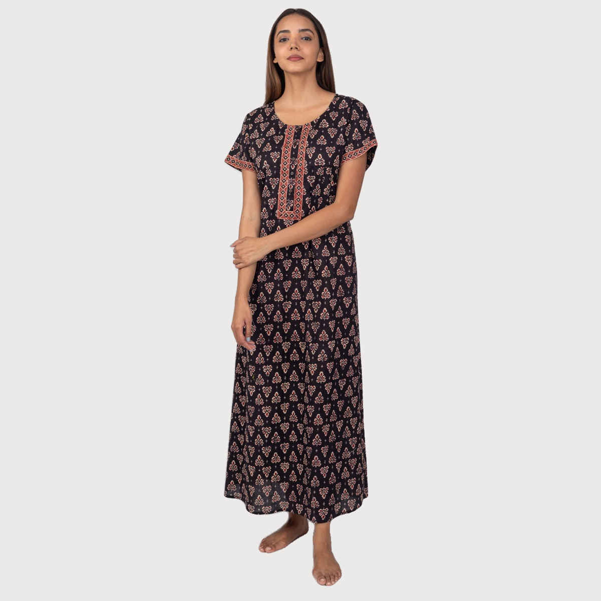 Nihsamah Women's Cotton Night Gown with Pockets | Full Length | Black - L