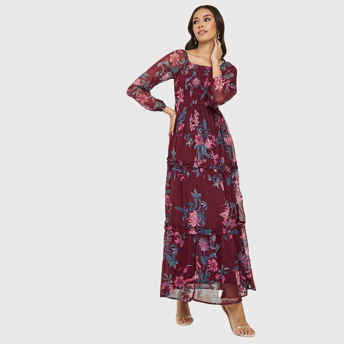 Styli Women's A-Line Maxi Dress with Floral Print and Ruffle Detail | Burgundy - XXL