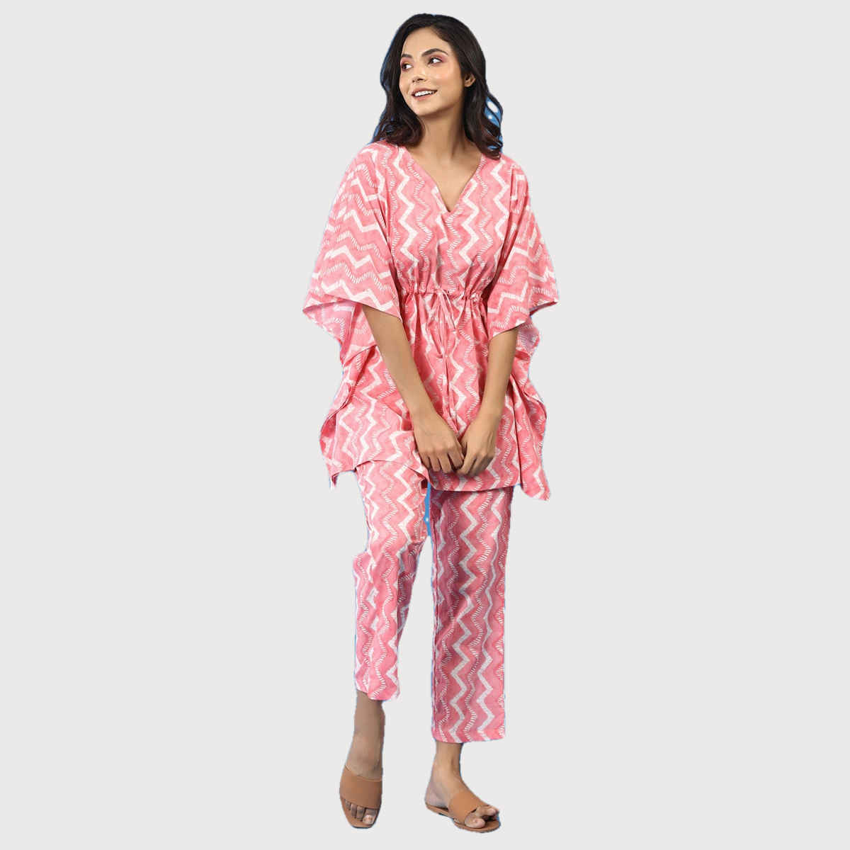 JISORA Women's Printed Cotton Pink Kaftan Pyjama Set | S - KFP0544