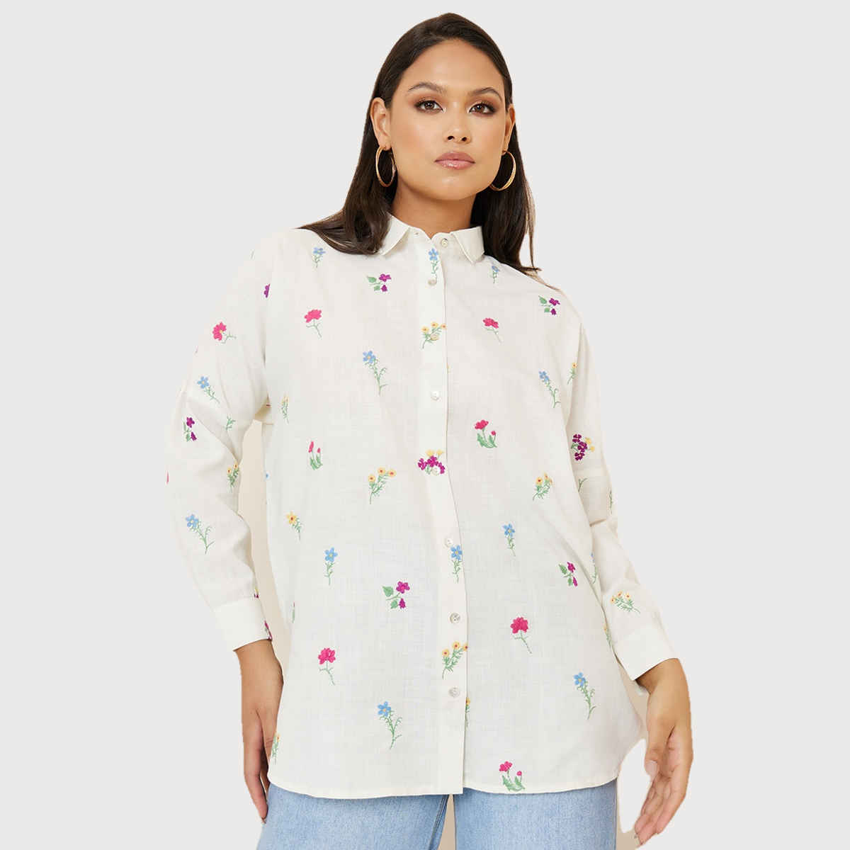 Styli Women's Longline Shirt with All Over Embroidered Linen Look | Off White - L