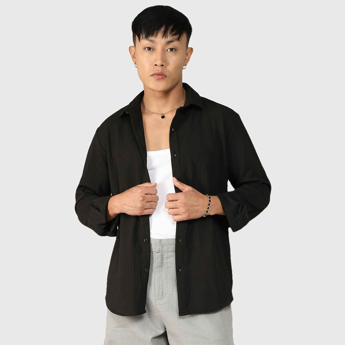 Campus Sutra Men's Stripe - Creased Shirt | Black - S