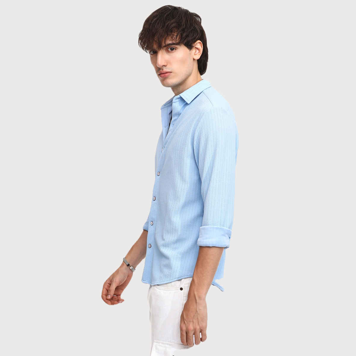 Campus Sutra Men's Stripe - Creased Shirt | Baby Blue - S