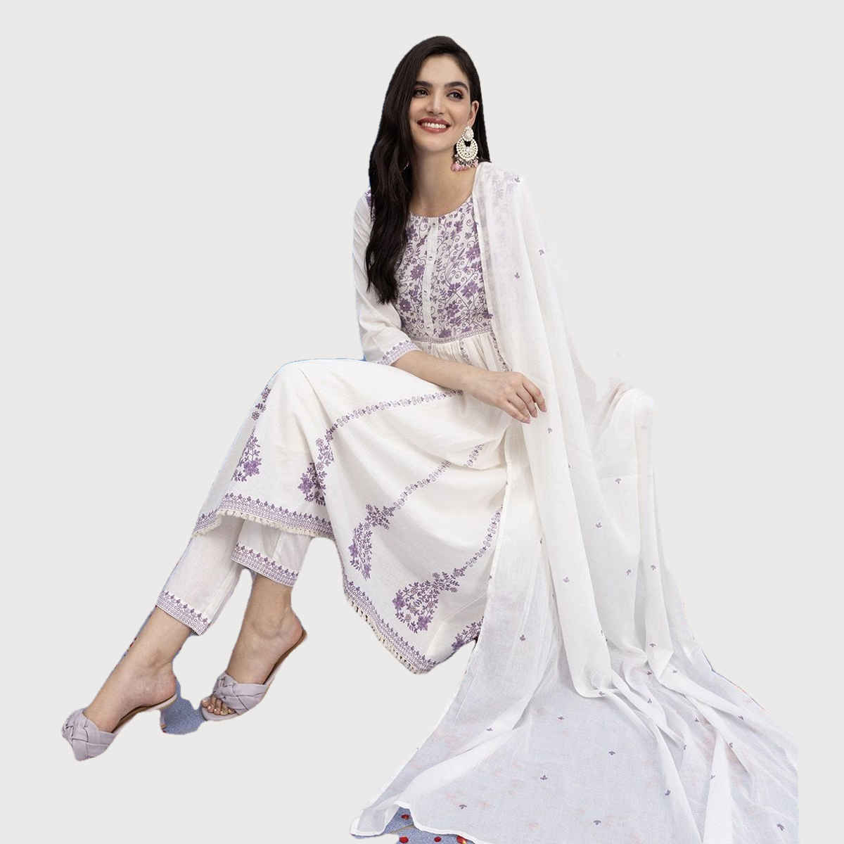 Ishin Women Kurta Set with Dupatta | INWSDS24035 | White - XL