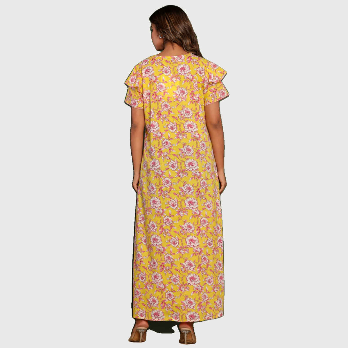 Nihsamah Women's Cotton Premium Printed Fancy Nighty | Full Length | Yellow - XL