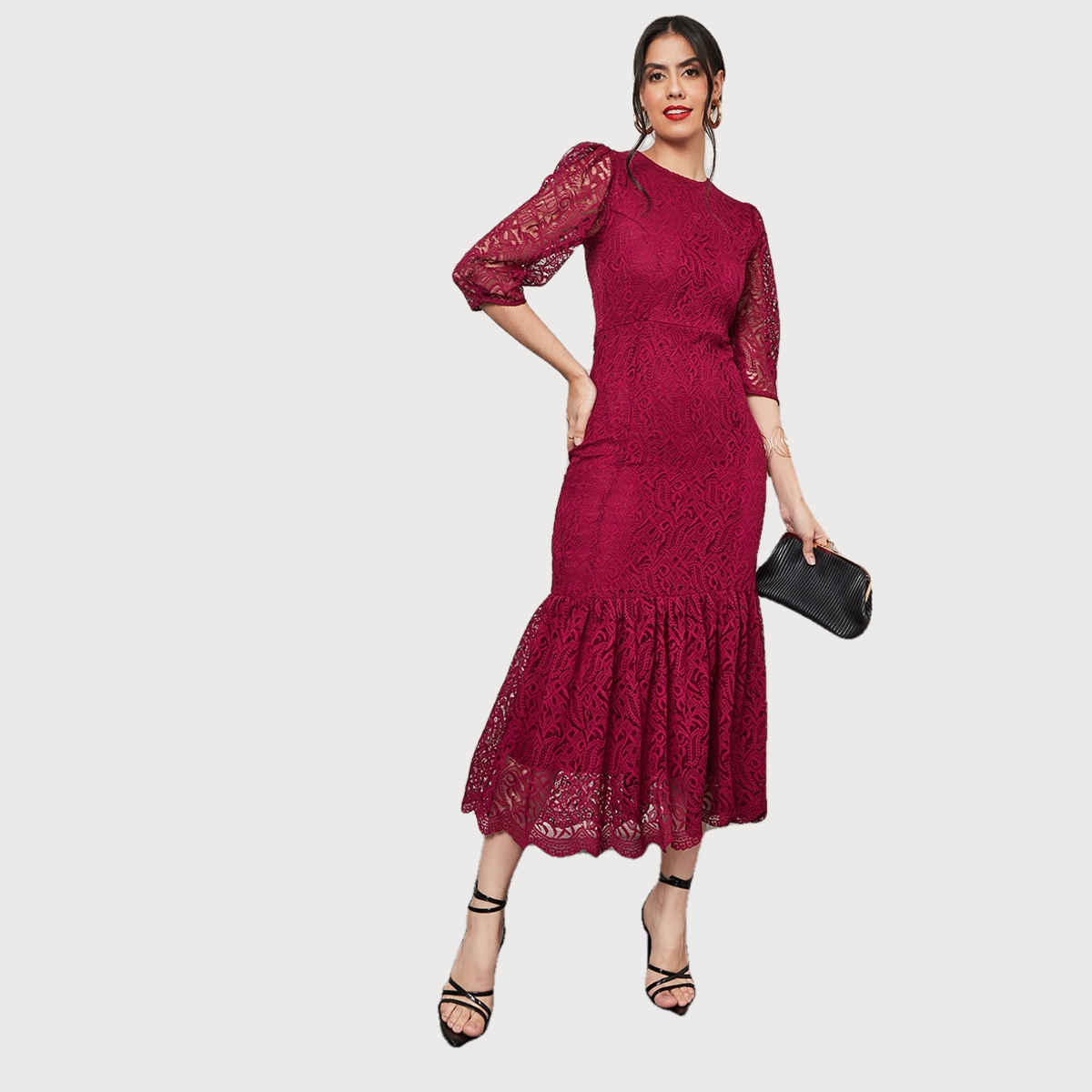 Styli Women's Bodycon Midi Dress with Lace Insert, Frill Hem and 3/4 Sleeves | Pink - XL