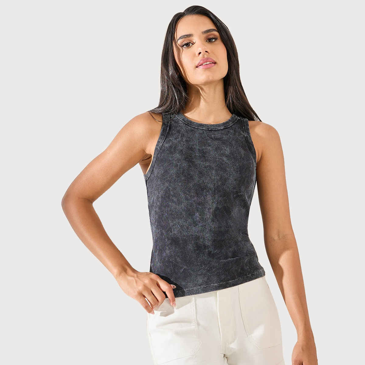 Styli Women's Racer Back Tank Top with Acid Wash and Round Neck | Black - M