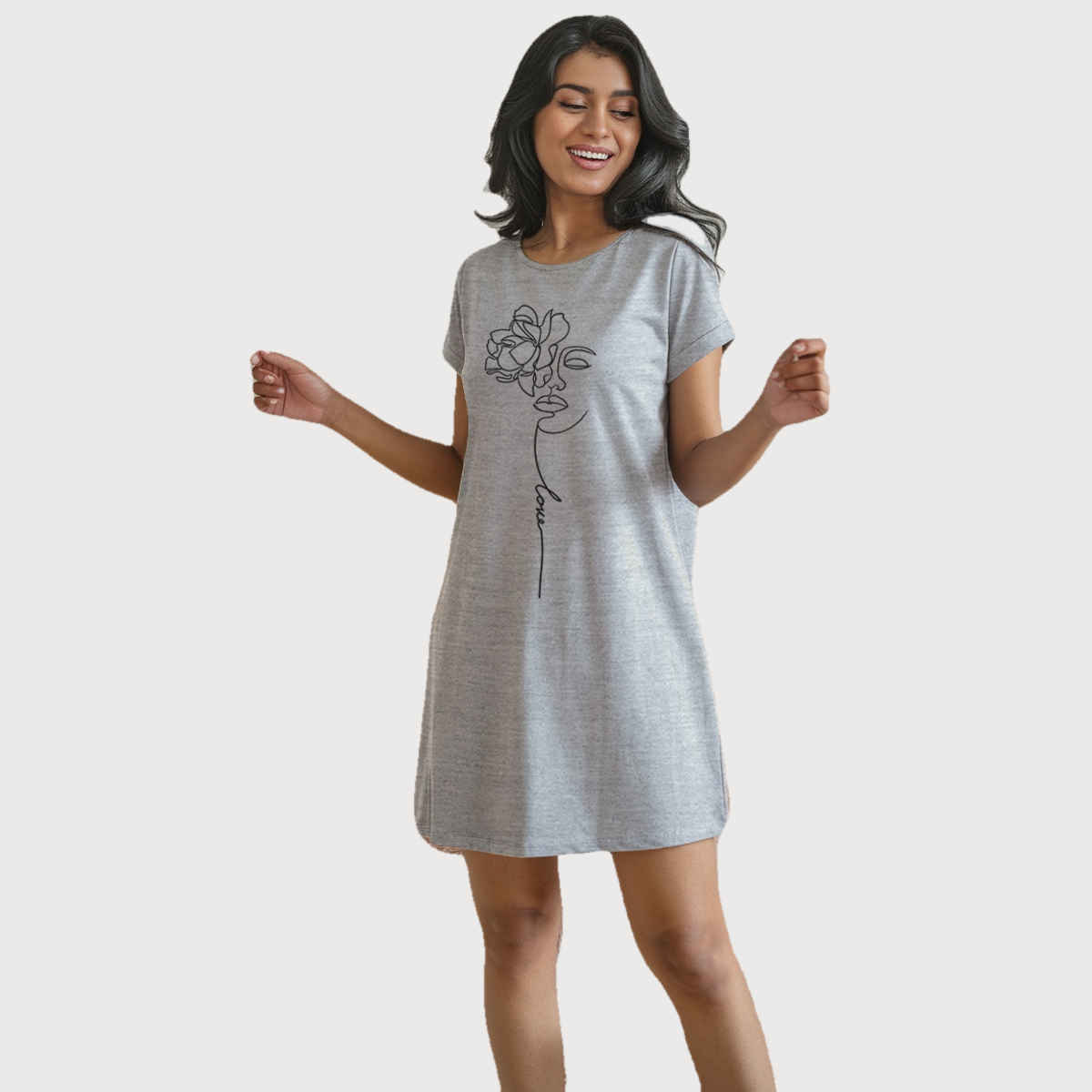 Fflirtygo Women's Cotton Long Tees | Face Love Short Nighty | Grey - L