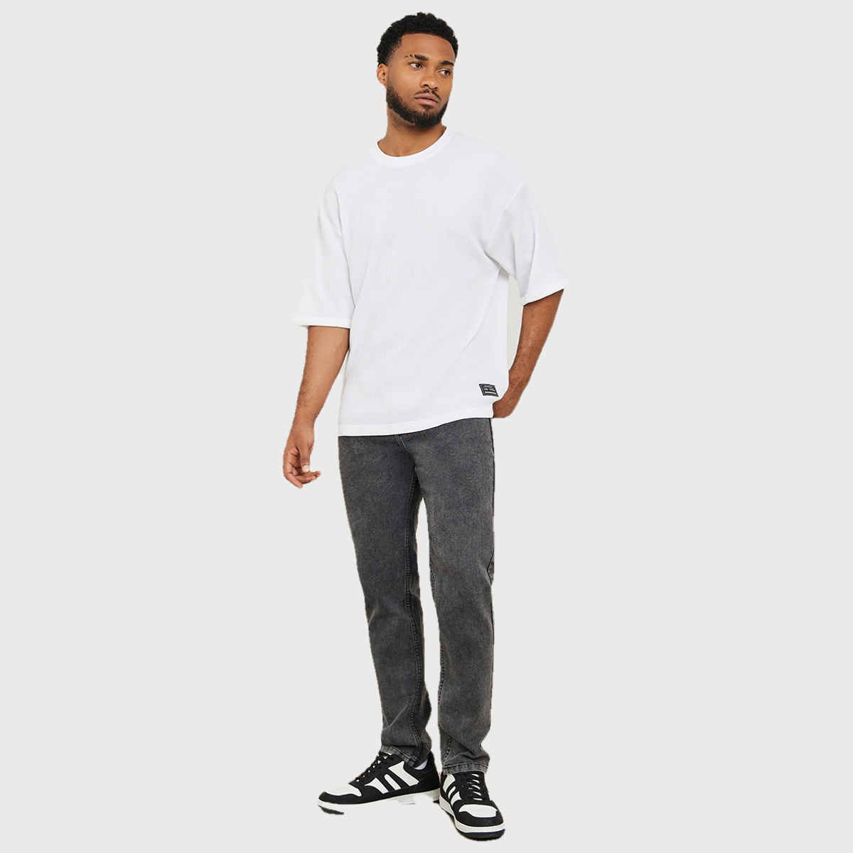 Styli Men's Waffle Knit Oversized T-shirt with Turn Up Sleeve | White - M