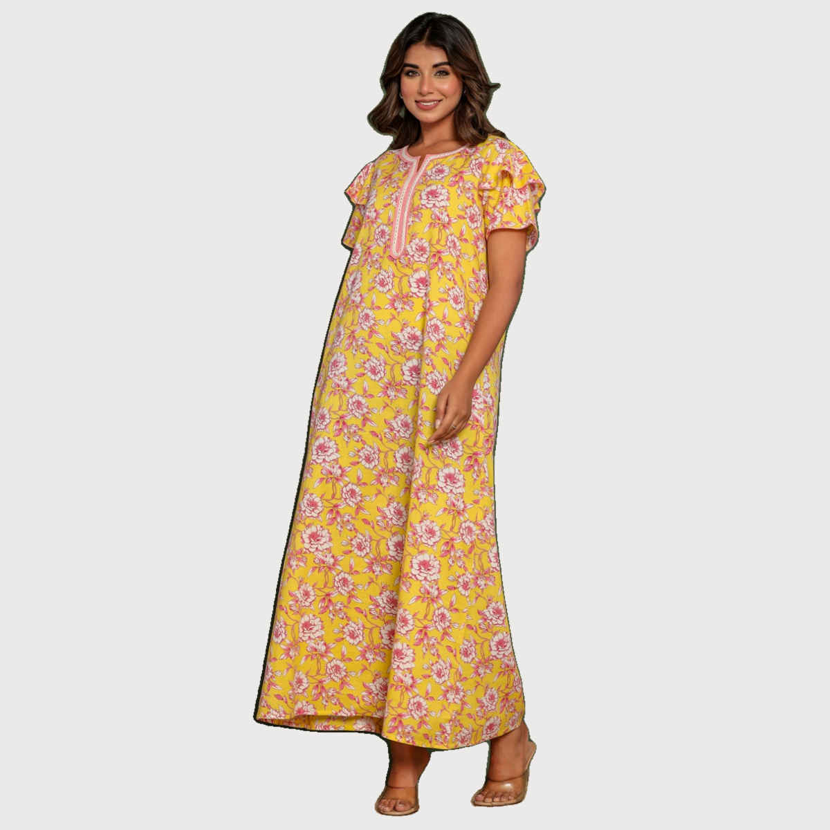 Nihsamah Women's Cotton Premium Printed Fancy Nighty | Full Length | Yellow - XL