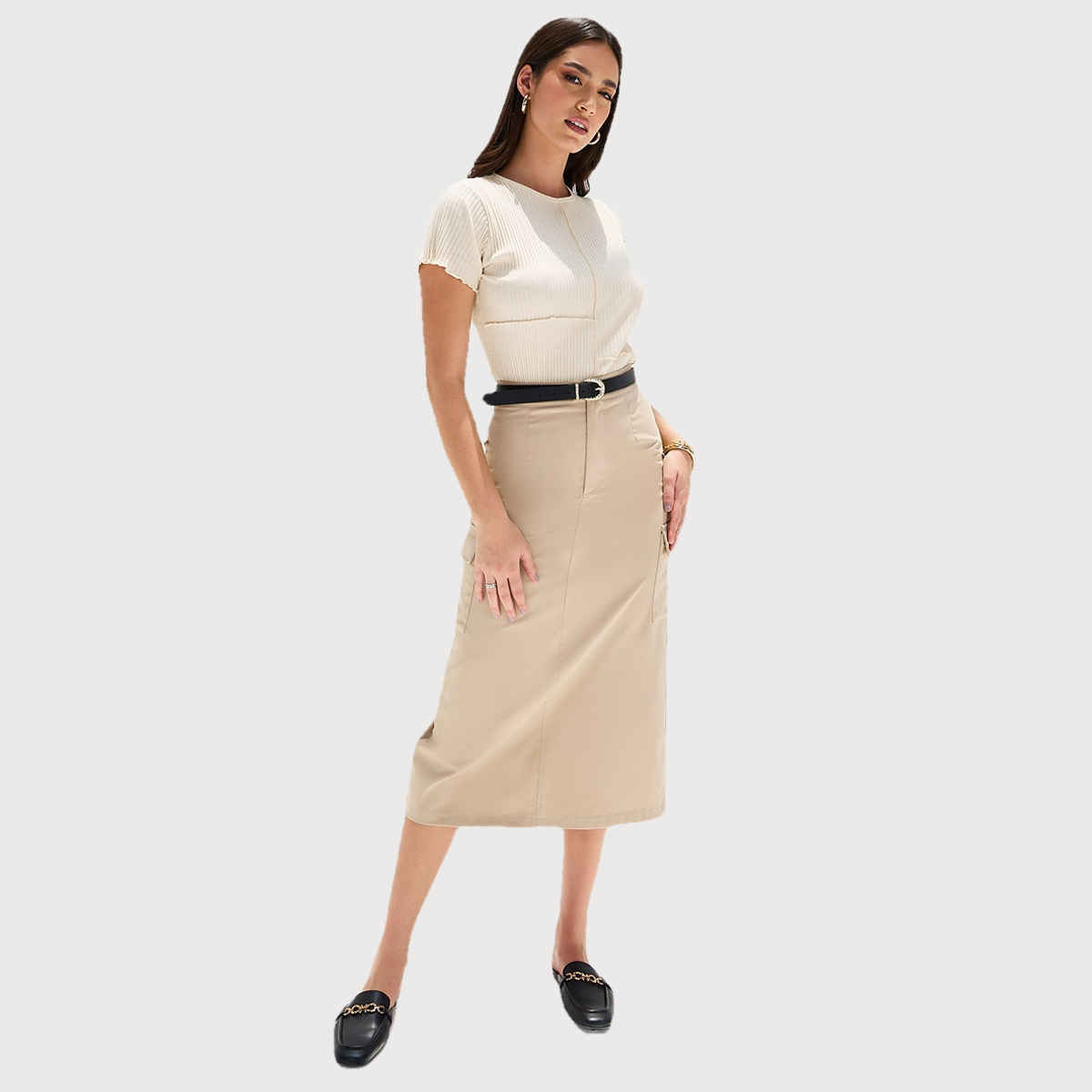 Styli Women's Regular Fit Ribbed T-shirt with Exposed Seam Detail | Beige - XL