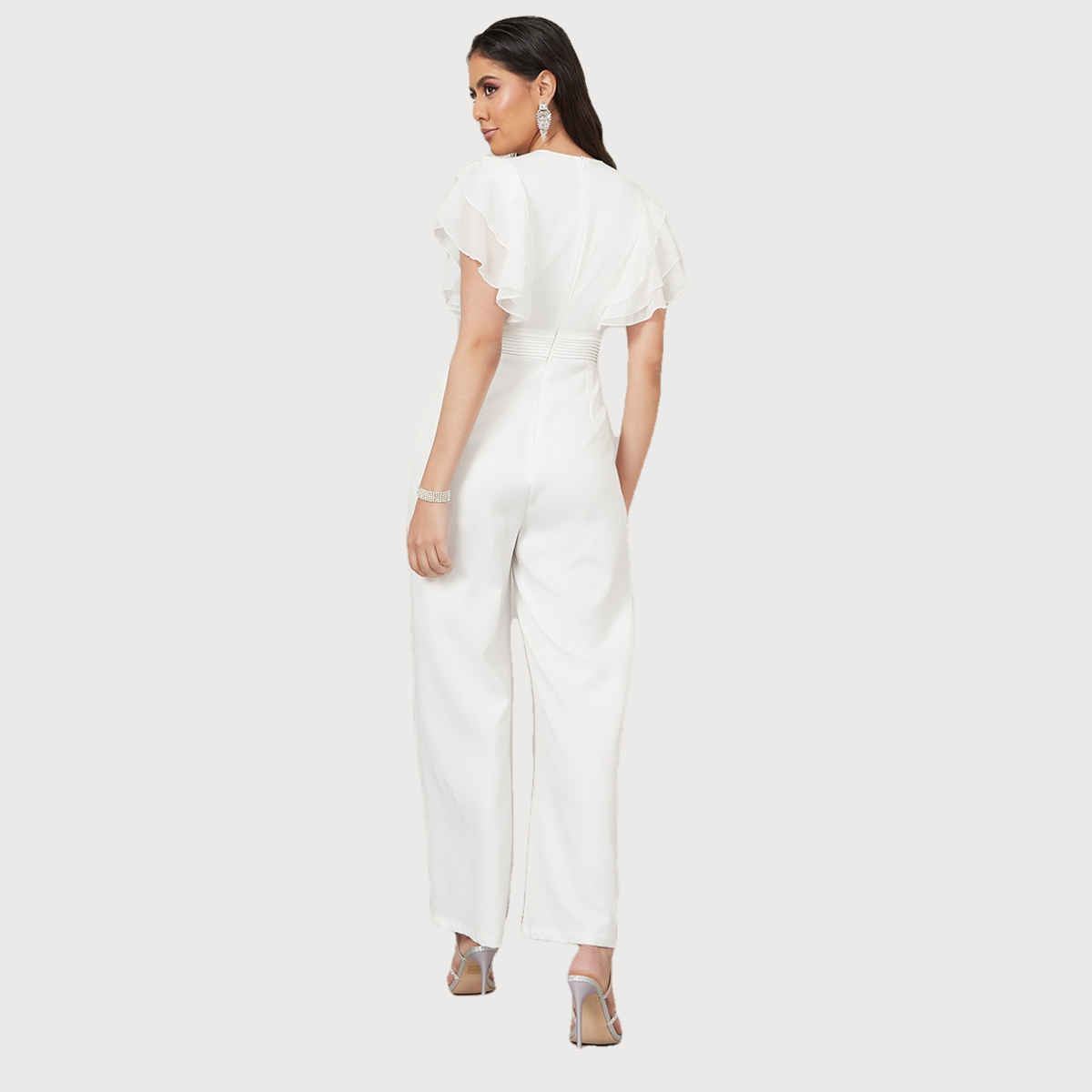 Styli Women's Wide Leg Jumpsuit with Ruffle Sleeves and Pleats | White - M