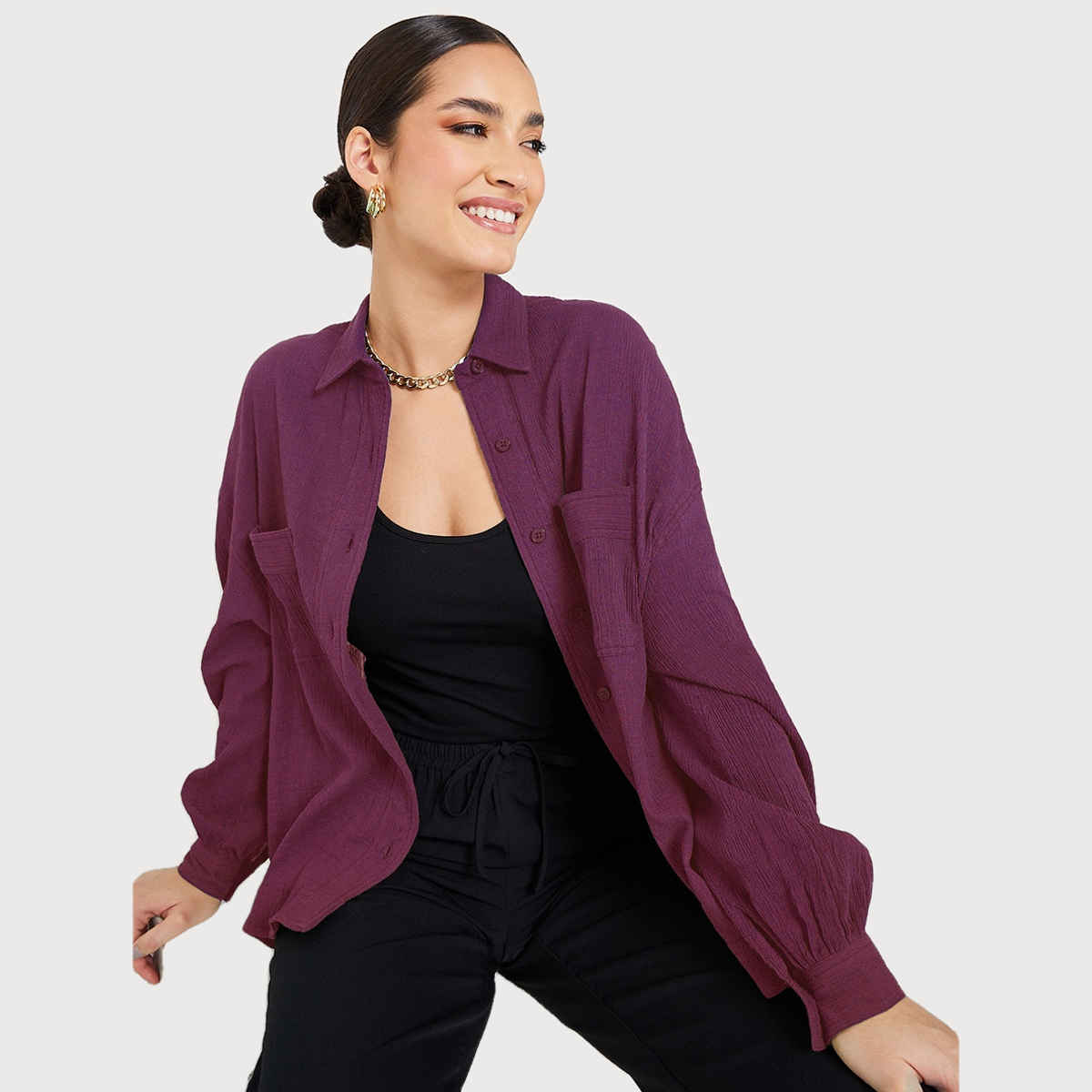 Styli Women's Oversized Shirt with Drop Shoulder, Crepe Fabric and Patch Pocket | Purple - S
