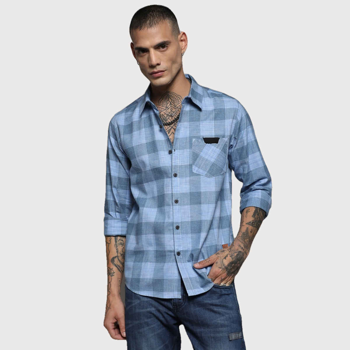 Campus Sutra Men's Cotton Checks Shirt | Blue - L