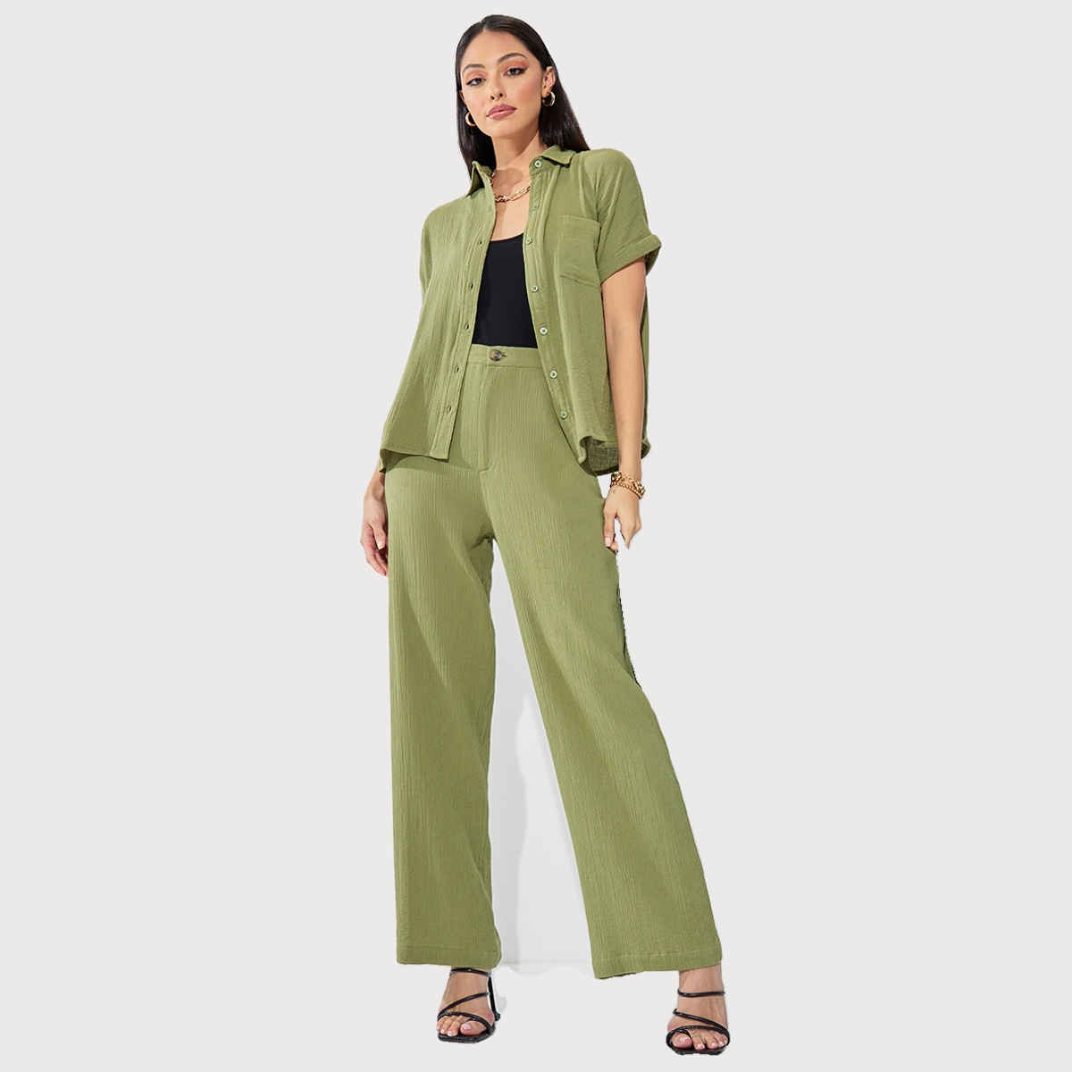 Styli Women's Straight Leg Solid Trouser with Mid Rise and Cotton Fabric | Sage Green - 34