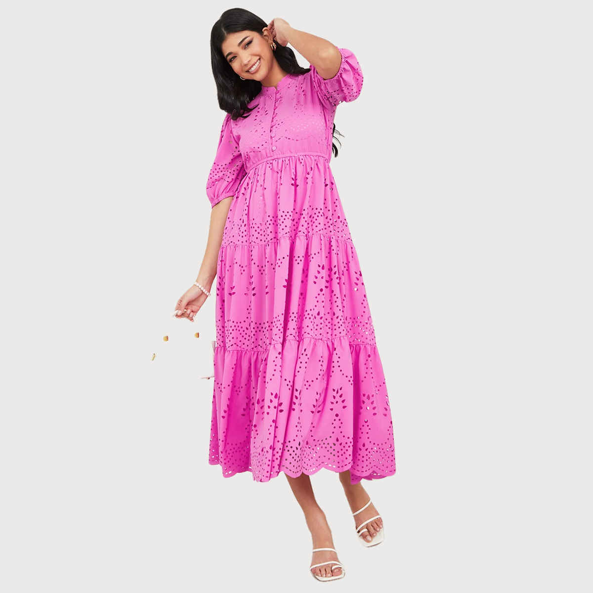 Styli Women's A-Line Midi Dress with Puff Sleeves and Self Design | Pink - M