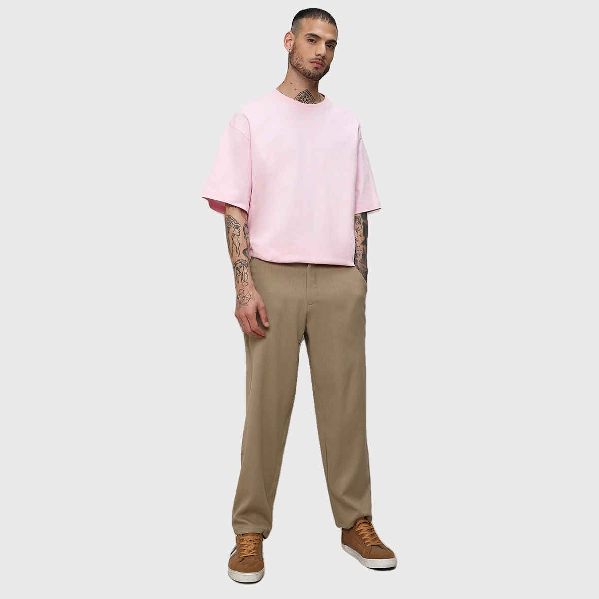 Campus Sutra Men's Solid Tailored Trousers | Brown Beige - 30