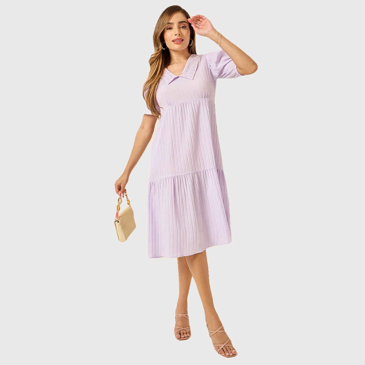 Styli Women's Midi Dress with Collared Neck and Puff Sleeves | Lilac - M