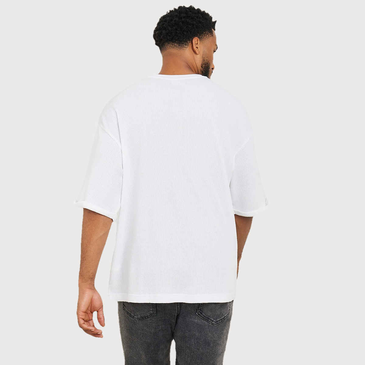 Styli Men's Waffle Knit Oversized T-shirt with Turn Up Sleeve | White - XL